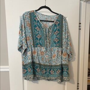 SHEIN Blue and Brown Patterned Blouse